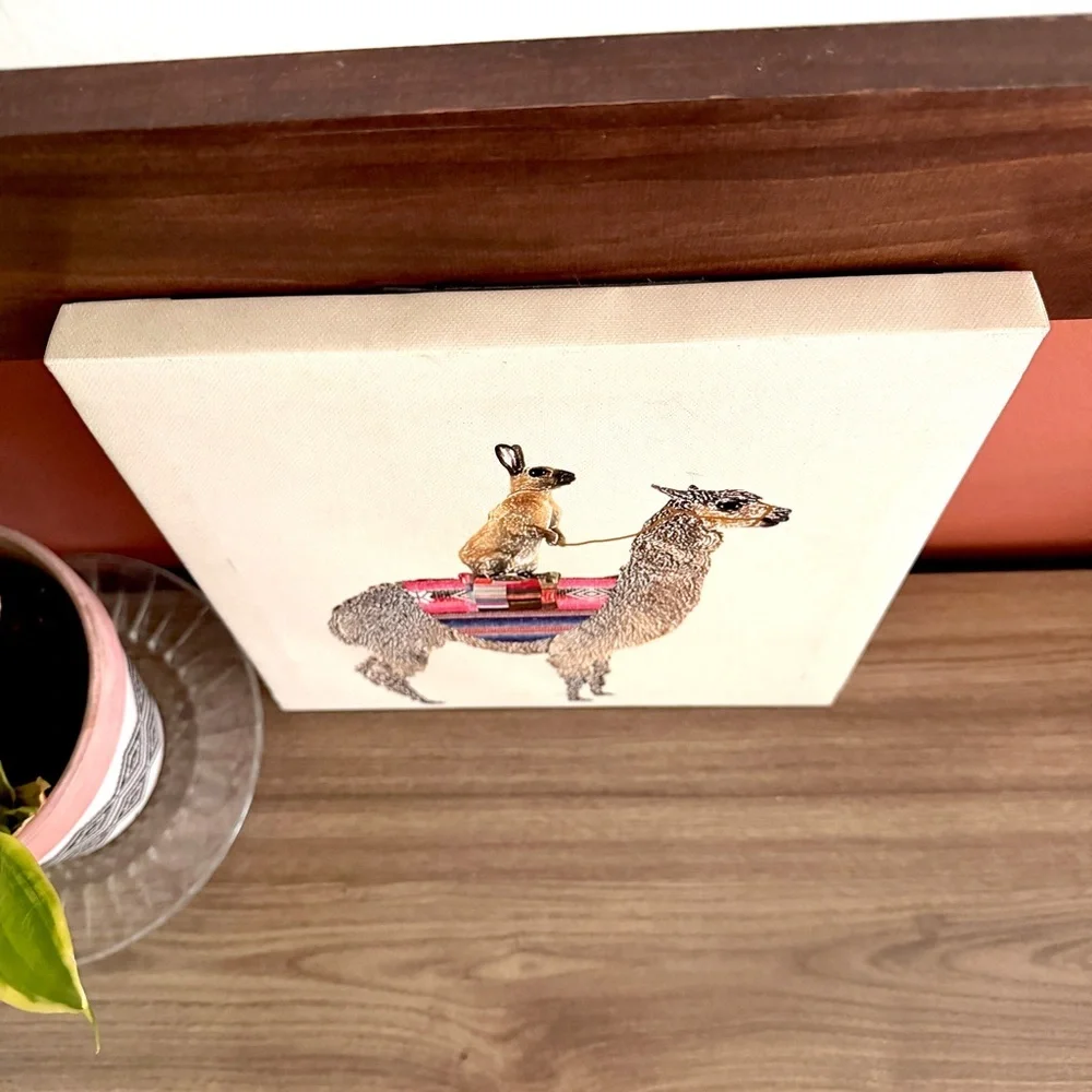 Alpaca with Hare Claudia Schoen Rabbit Llama Art Canvas Wall Hanging Animal Art
